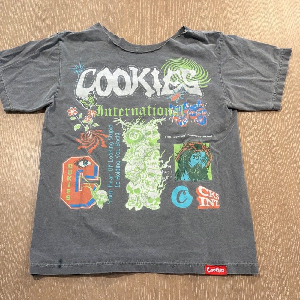 Cookies International Graphic T-Shirt Men's Medium Faded Black Streetwear Tee